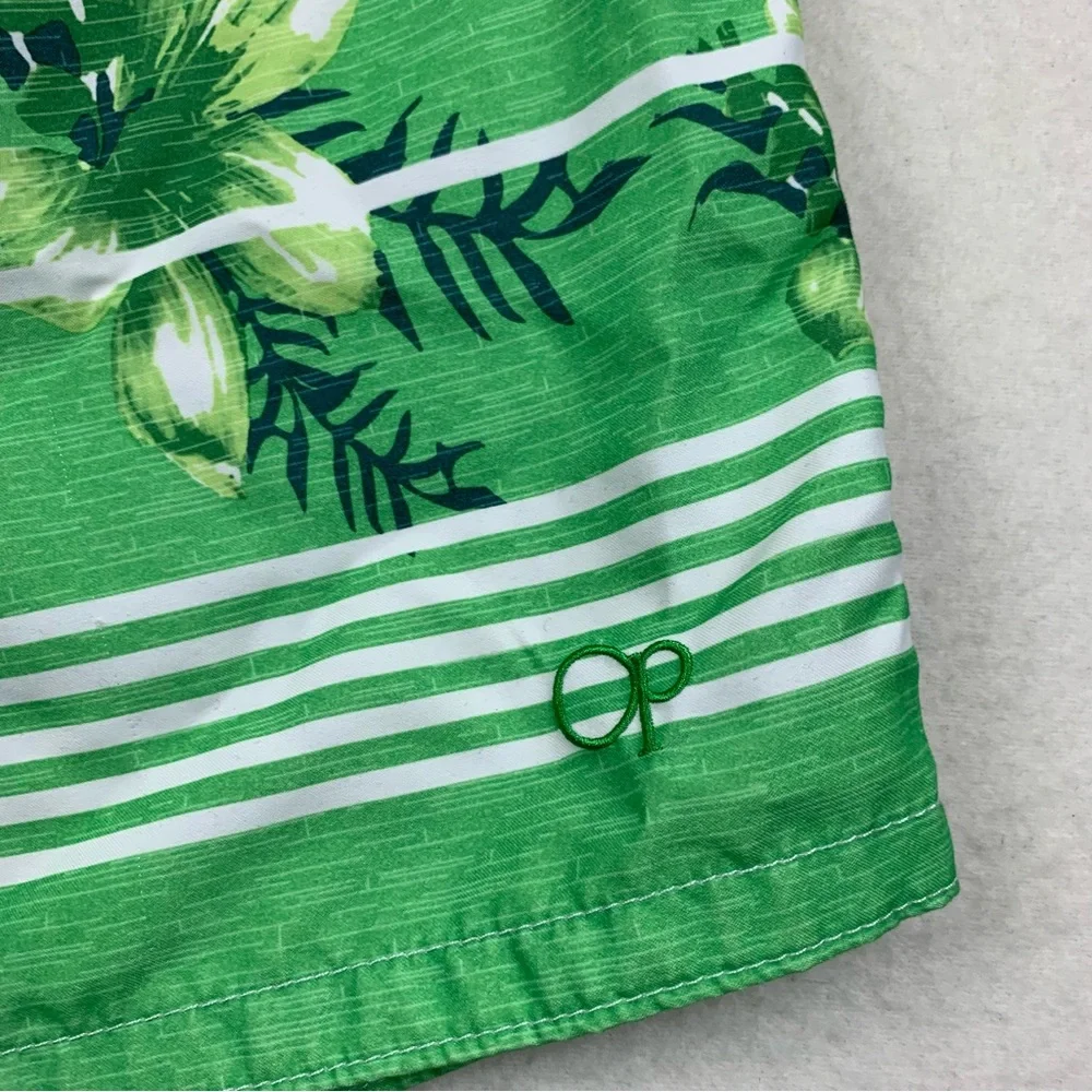 OP Ocean Pacific Swim Trunks Mens Large Gray‎ Green Floral Striped Polyester